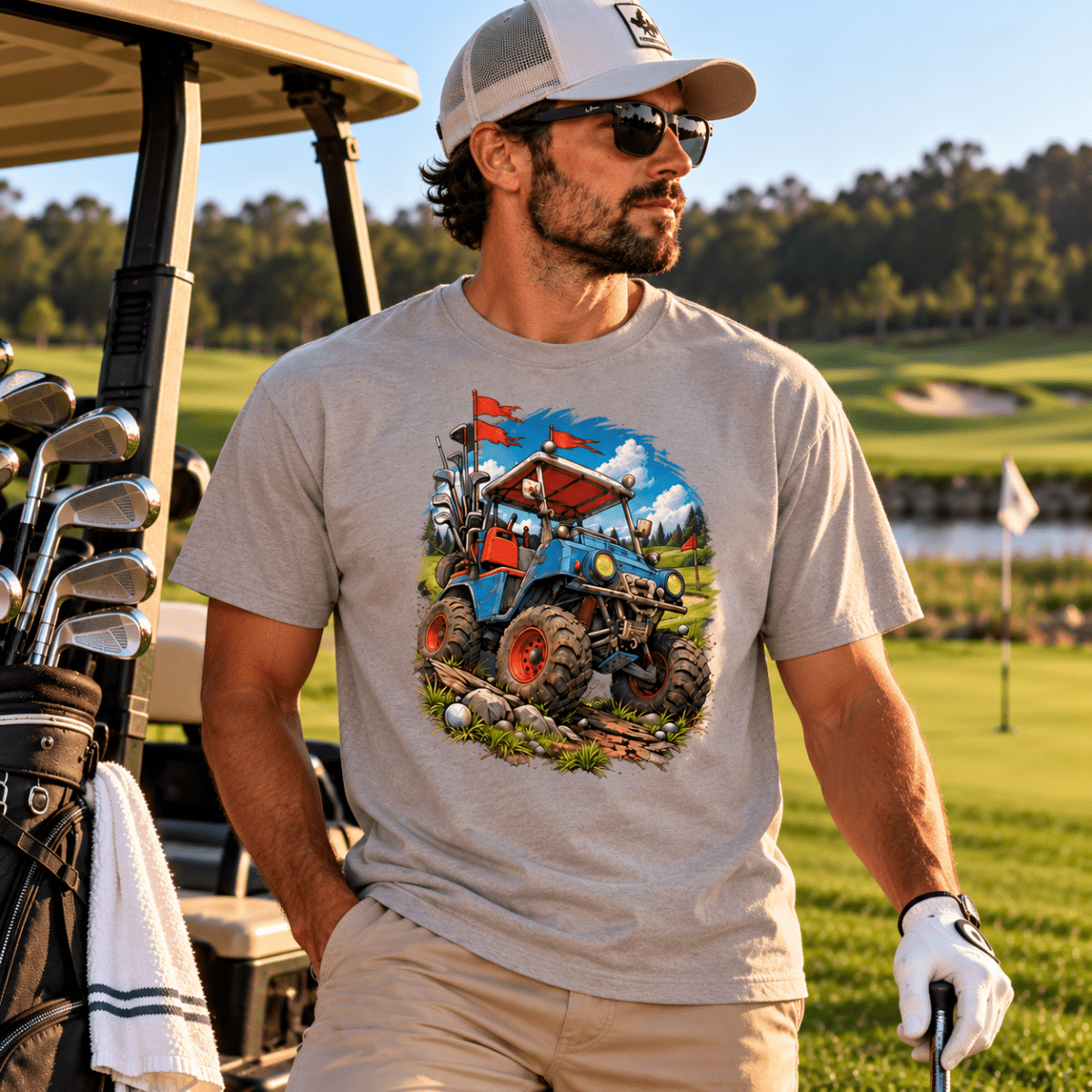 Model wearing a gray Battle-Hardened Golf Cart drop-shoulder T-shirt, beige pants and a golf glove beside a cart on a golf course.