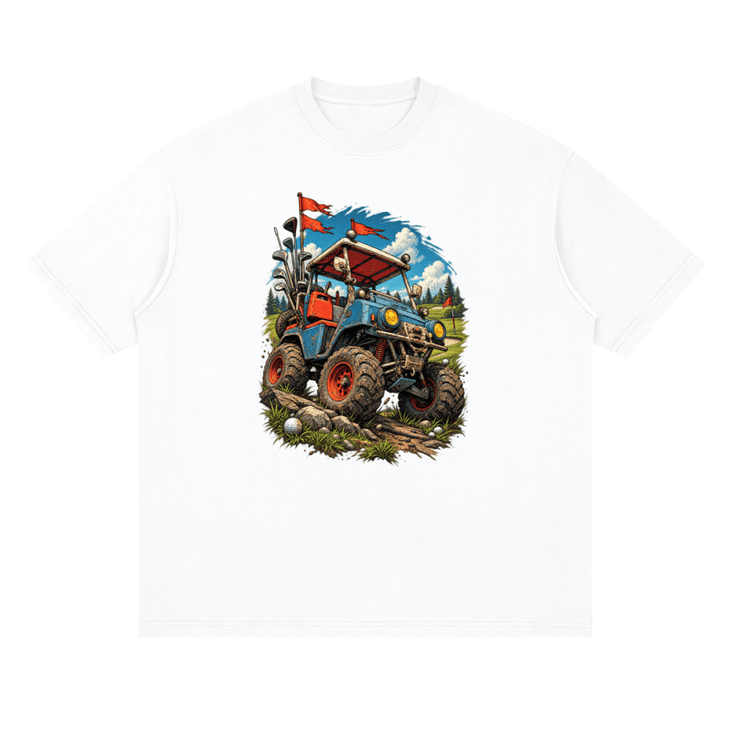 White Battle-Hardened Golf Cart drop-shoulder T-shirt, front view with a blue cart, oversized tires and red flags.