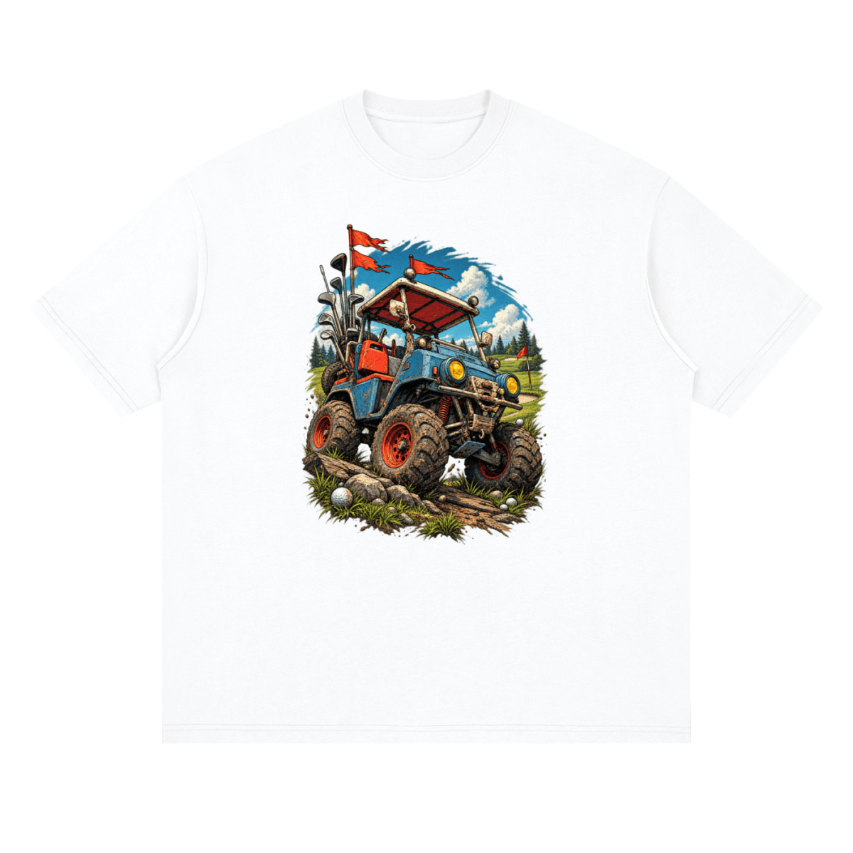 White Battle-Hardened Golf Cart drop-shoulder T-shirt, front view with a blue cart, oversized tires and red flags.