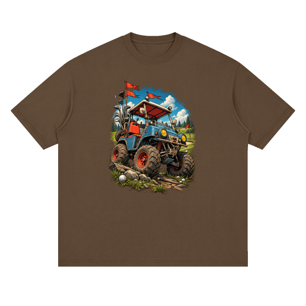 Brown Battle-Hardened Golf Cart drop-shoulder T-shirt, front view with a blue cart, oversized tires and red flags.