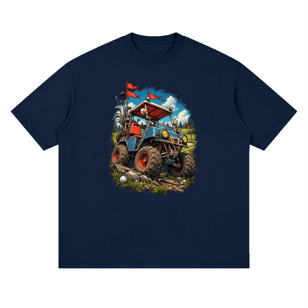 Navy blue Battle-Hardened Golf Cart drop-shoulder T-shirt, front view with a blue cart, oversized tires and red flags.