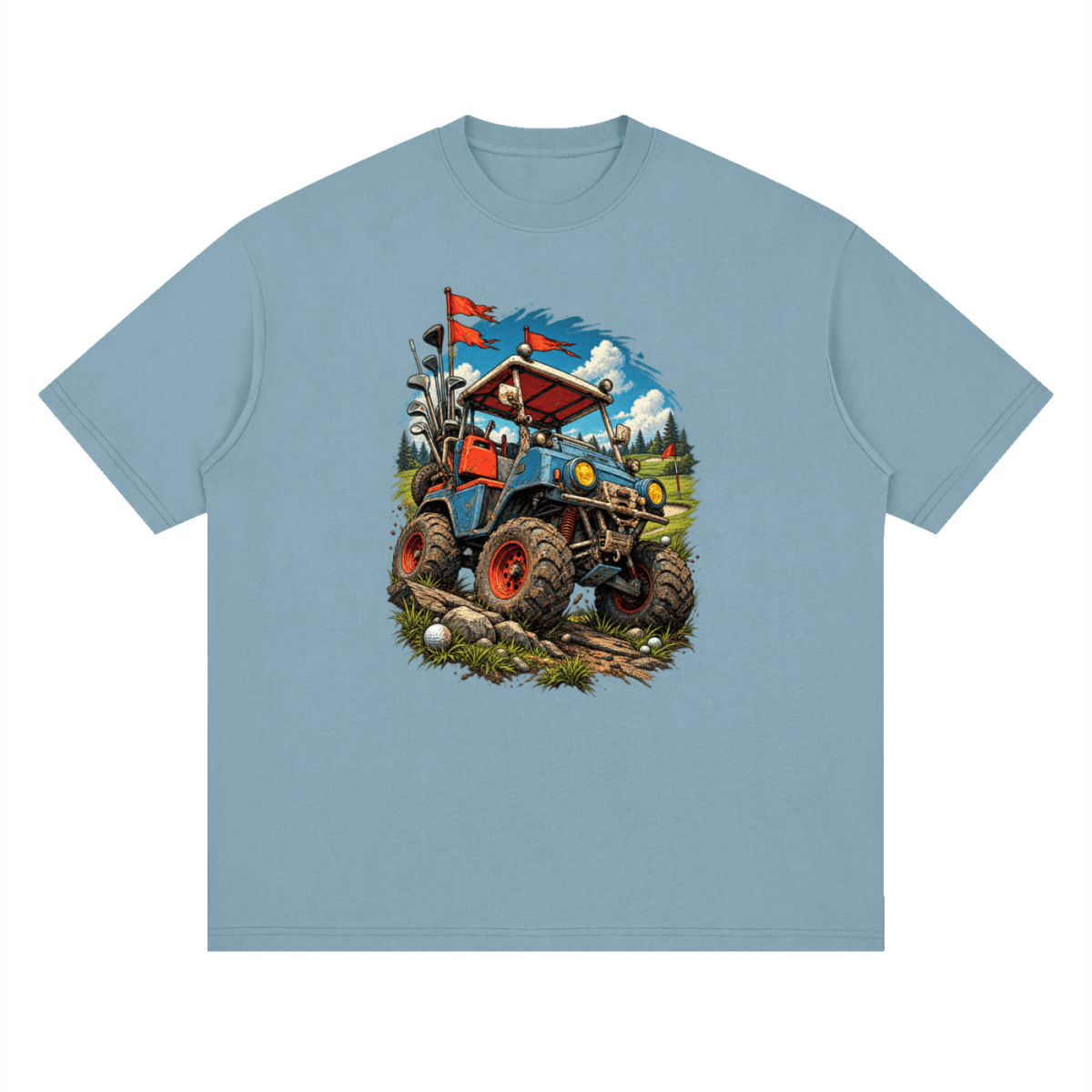 Muted blue Battle-Hardened Golf Cart drop-shoulder T-shirt, front view with a blue cart, oversized tires and red flags.