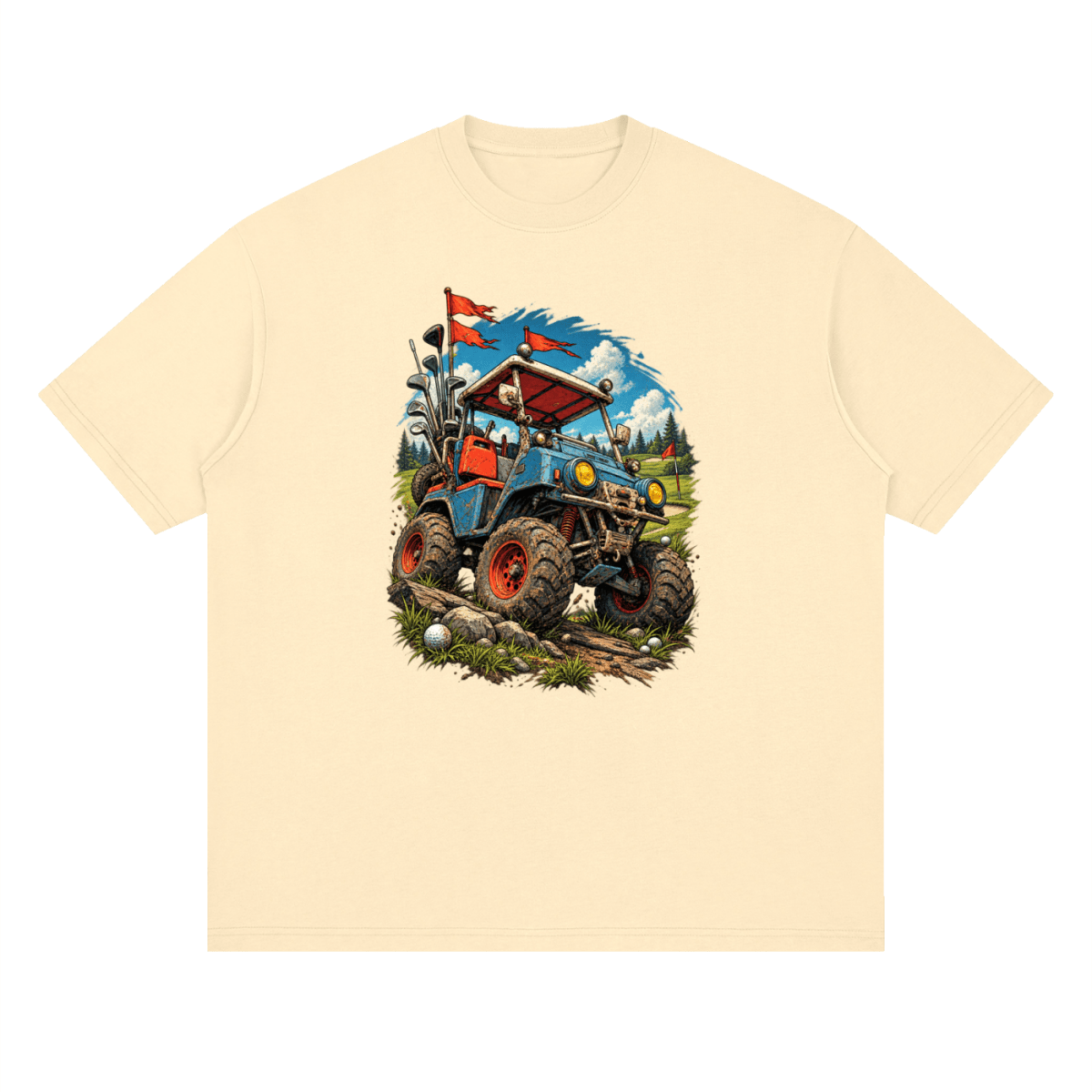 Pale yellow Battle-Hardened Golf Cart drop-shoulder T-shirt, front view with a blue cart, oversized tires and red flags.