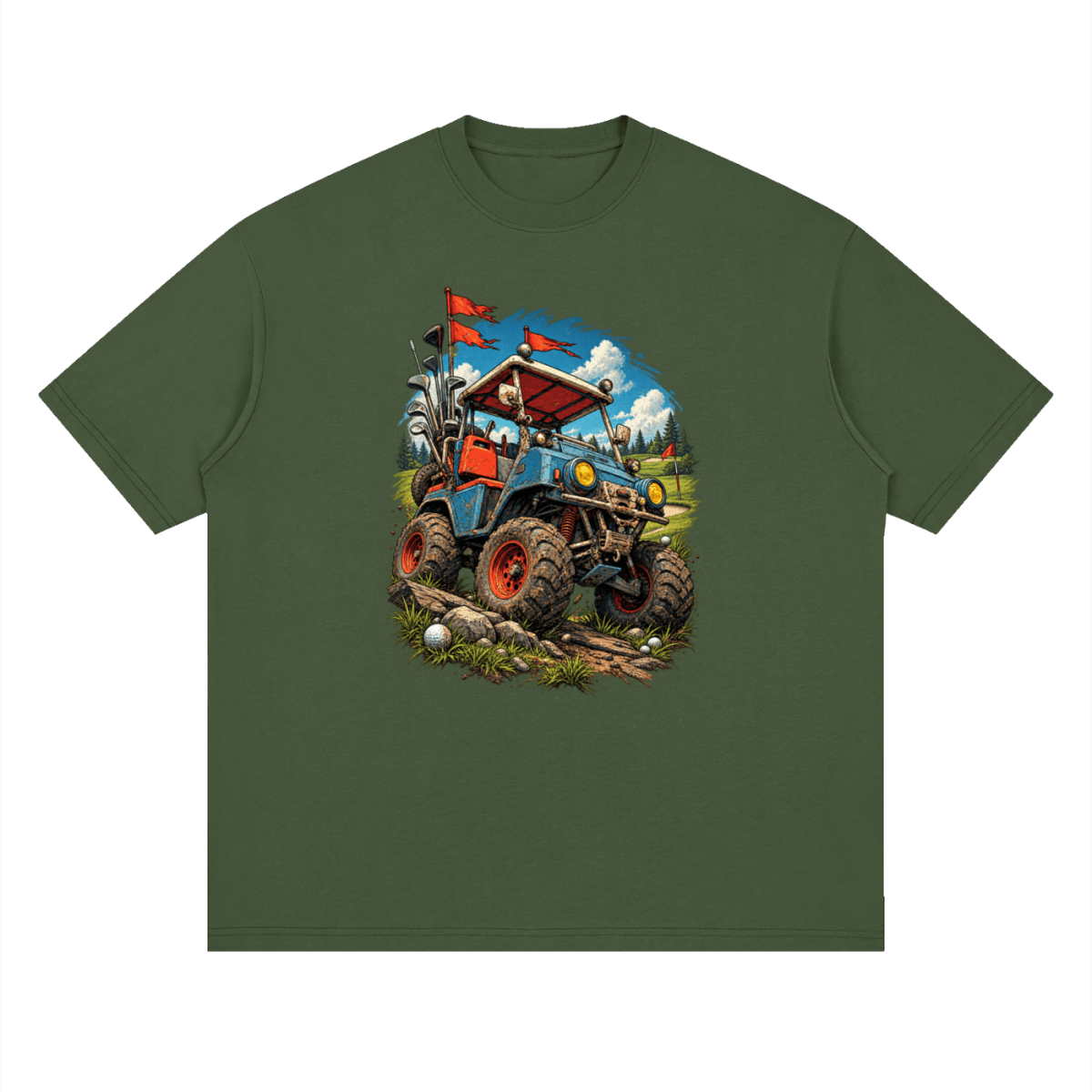 Olive green Battle-Hardened Golf Cart drop-shoulder T-shirt, front view with a blue cart, oversized tires and red flags.