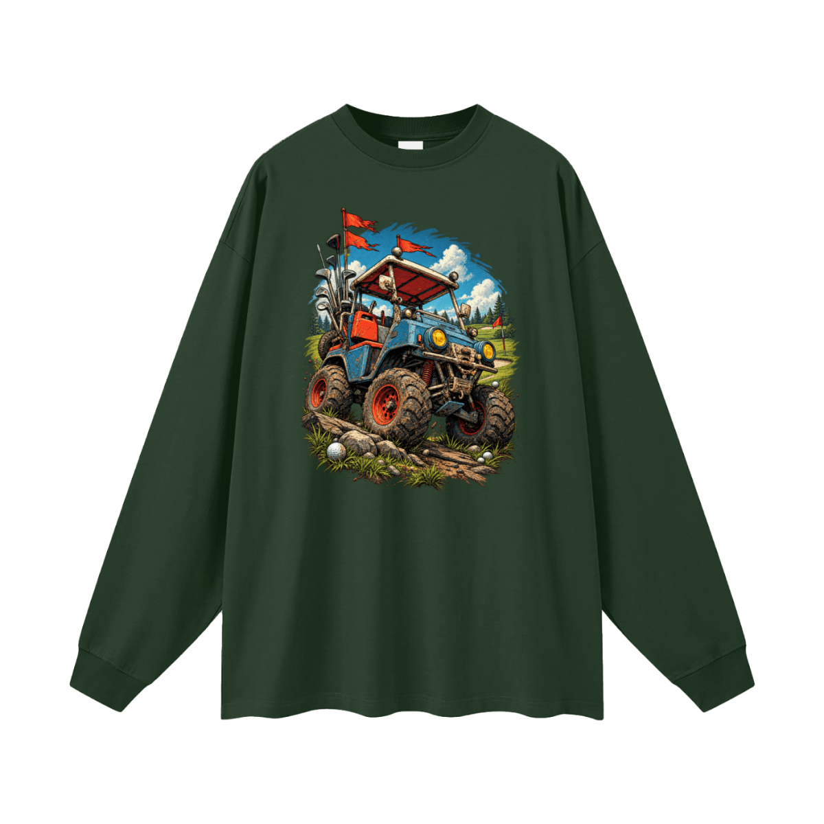 Forest green Battle-Hardened Golf Cart long-sleeve T-shirt, front view with a blue off-road cart, oversized tires and red flags.