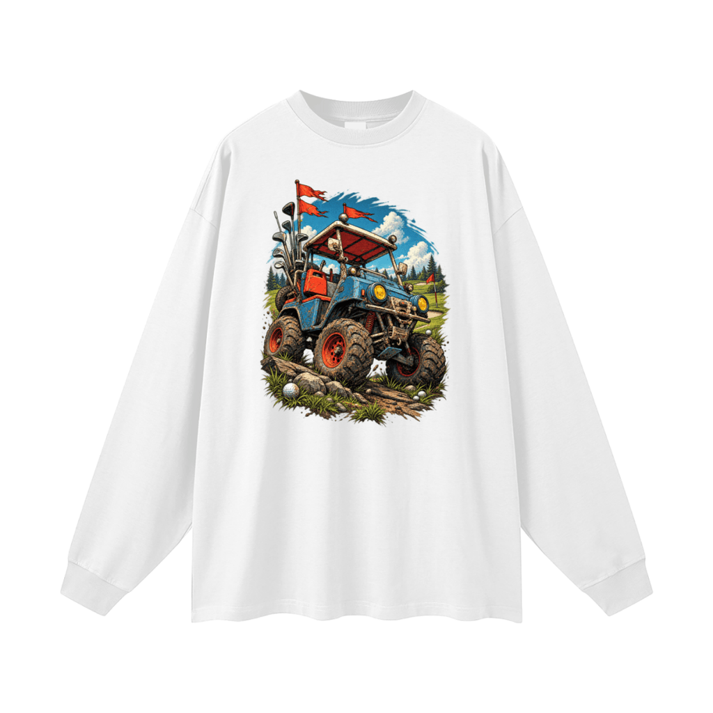 White Battle-Hardened Golf Cart long-sleeve T-shirt, front view with a blue off-road cart, oversized tires and red flags.