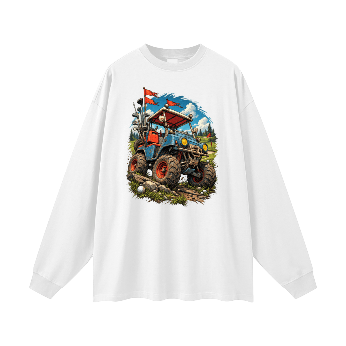 White Battle-Hardened Golf Cart long-sleeve T-shirt, front view with a blue off-road cart, oversized tires and red flags.