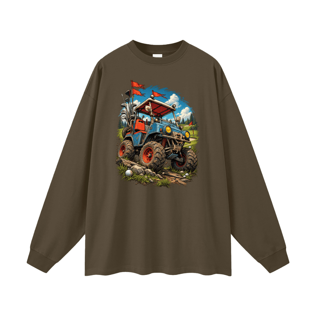 Dark brown Battle-Hardened Golf Cart long-sleeve T-shirt, front view with a blue off-road cart, oversized tires and red flags.