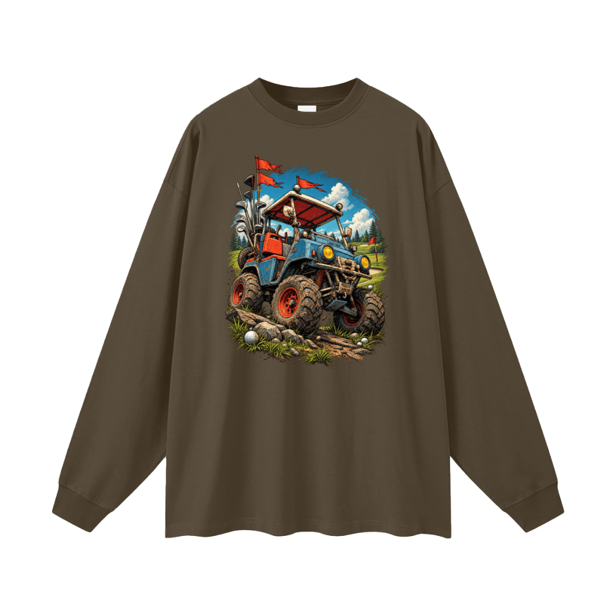 Dark brown Battle-Hardened Golf Cart long-sleeve T-shirt, front view with a blue off-road cart, oversized tires and red flags.