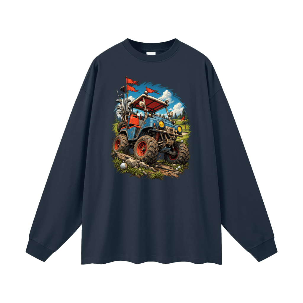 Navy blue Battle-Hardened Golf Cart long-sleeve T-shirt, front view with a blue off-road cart, oversized tires and red flags.