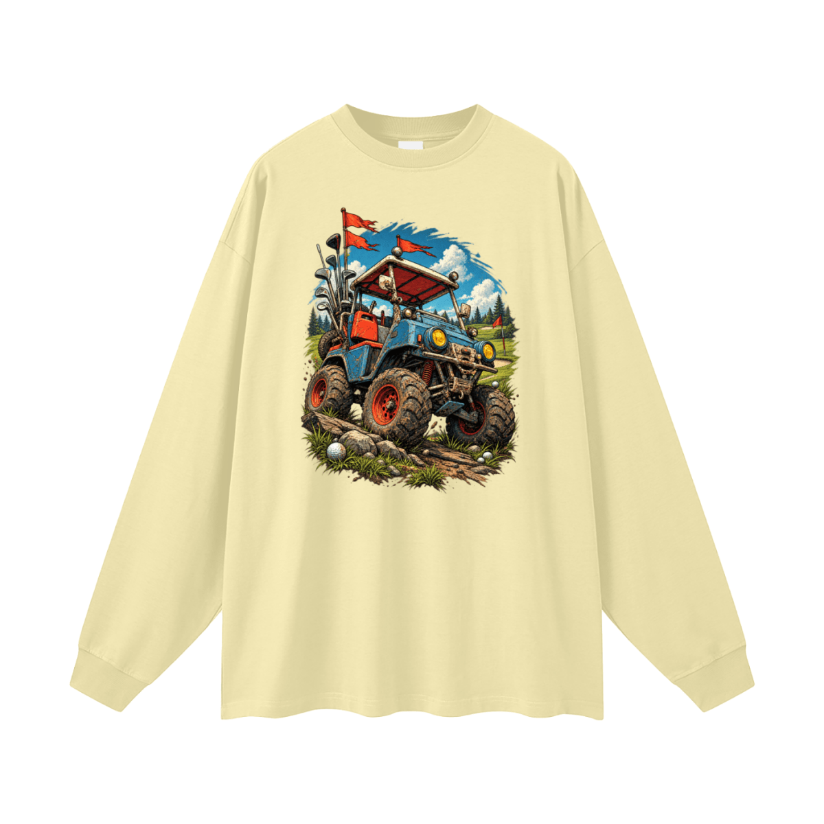 Pale yellow Battle-Hardened Golf Cart long-sleeve T-shirt, front view with a blue off-road cart, oversized tires and red flags.