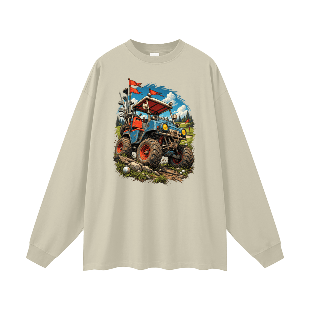 Beige Battle-Hardened Golf Cart long-sleeve T-shirt, front view with a blue off-road cart, oversized tires and red flags.