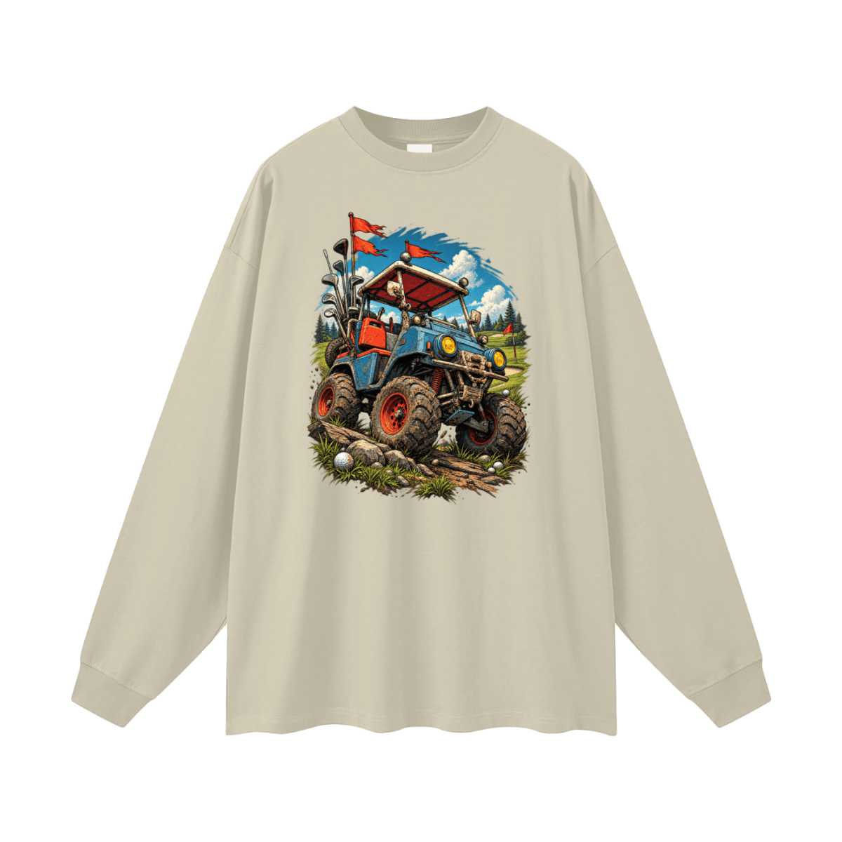 Beige Battle-Hardened Golf Cart long-sleeve T-shirt, front view with a blue off-road cart, oversized tires and red flags.