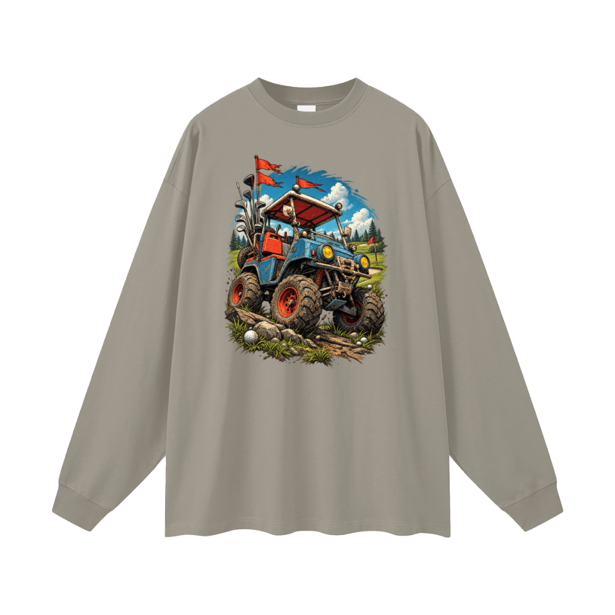 Taupe gray Battle-Hardened Golf Cart long-sleeve T-shirt, front view with a blue off-road cart, oversized tires and red flags.