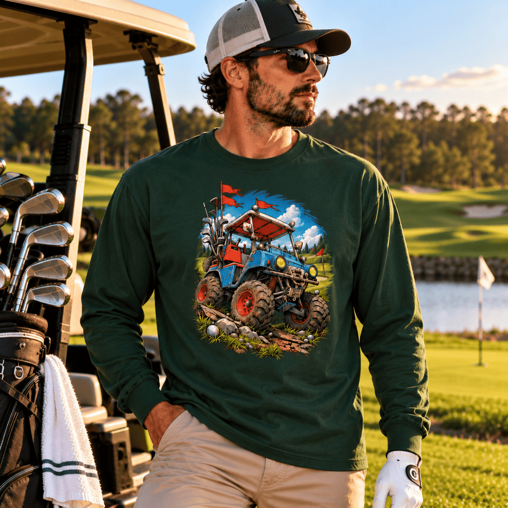 Model wearing a forest green Battle-Hardened Golf Cart long-sleeve T-shirt and beige pants beside a golf cart on a course.
