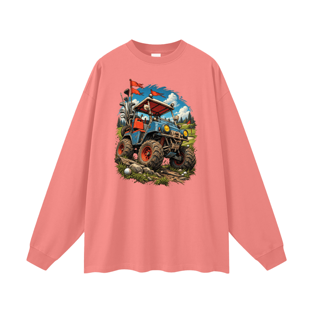 Coral pink Battle-Hardened Golf Cart long-sleeve T-shirt, front view with a blue off-road cart, oversized tires and red flags.