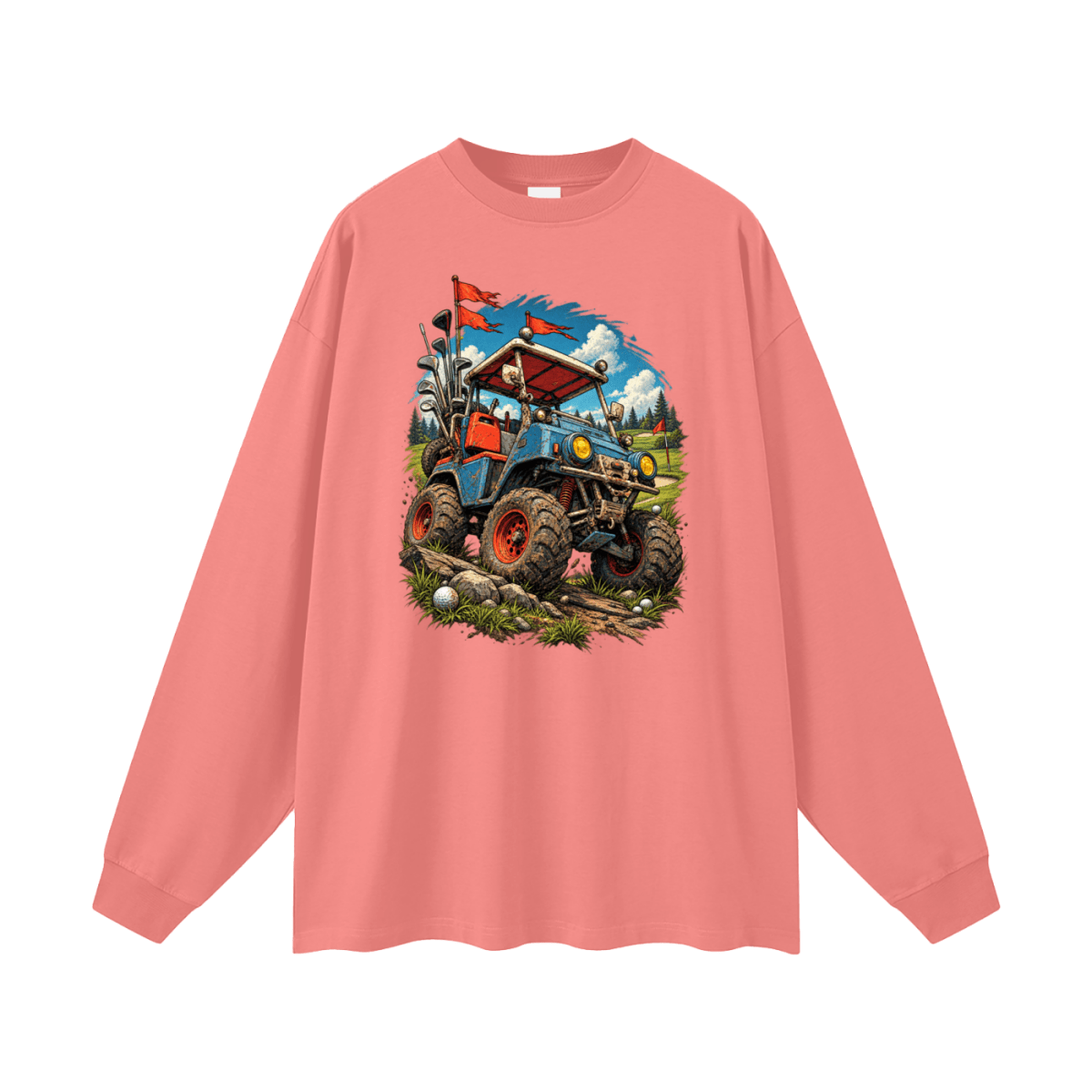 Coral pink Battle-Hardened Golf Cart long-sleeve T-shirt, front view with a blue off-road cart, oversized tires and red flags.