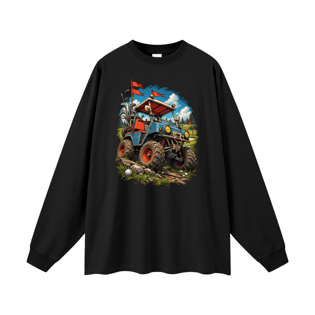 Black Battle-Hardened Golf Cart long-sleeve T-shirt, front view with a blue off-road cart, oversized tires and red flags.