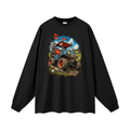 Black Battle-Hardened Golf Cart long-sleeve T-shirt, front view with a blue off-road cart, oversized tires and red flags.