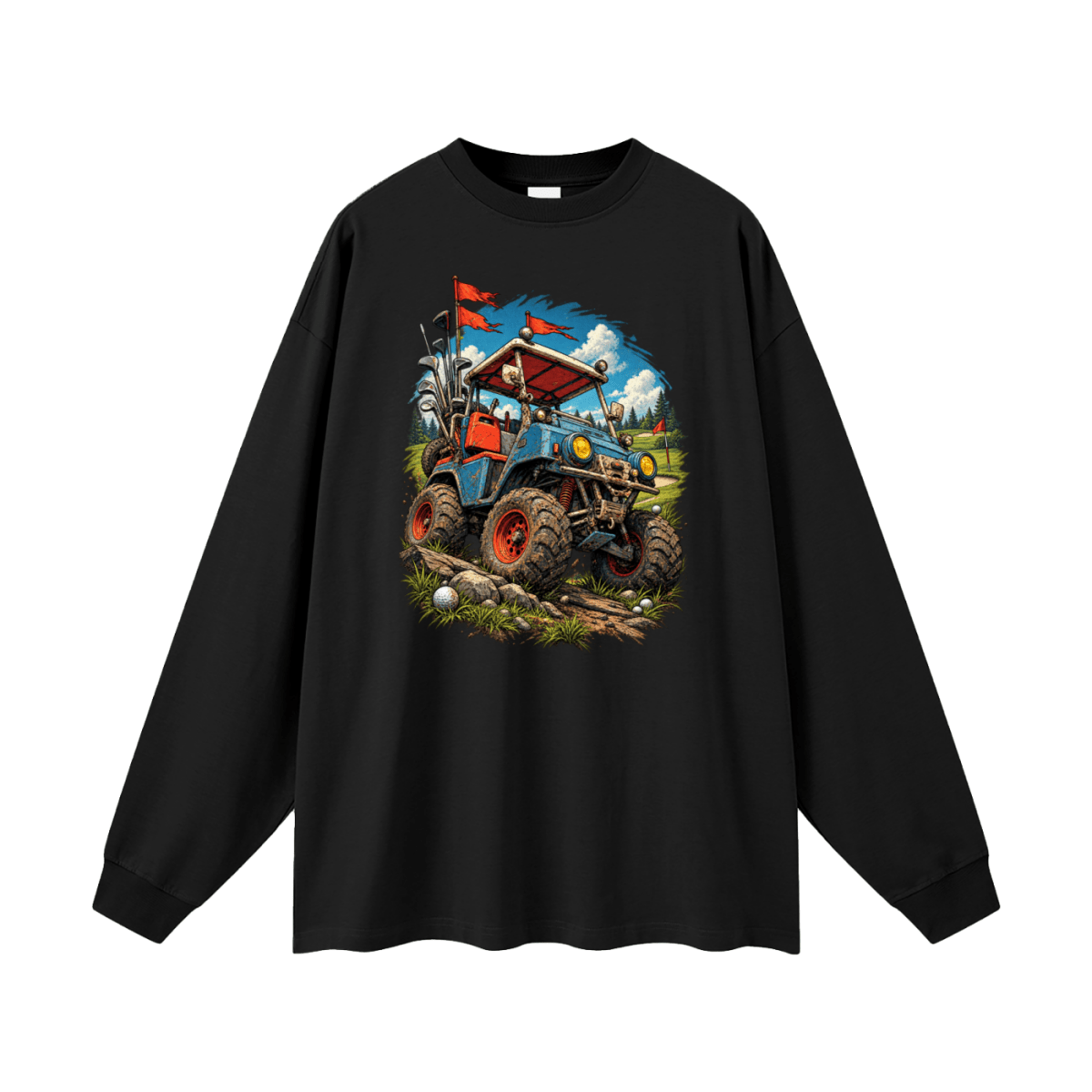 Black Battle-Hardened Golf Cart long-sleeve T-shirt, front view with a blue off-road cart, oversized tires and red flags.