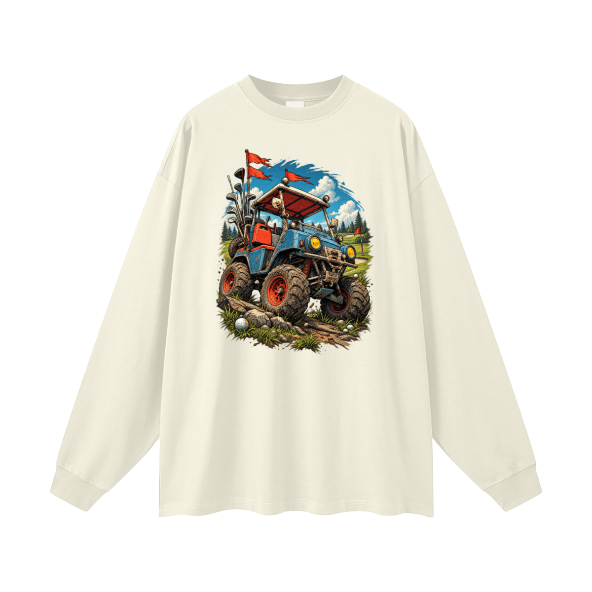 Ivory Battle-Hardened Golf Cart long-sleeve T-shirt, front view with a blue off-road cart, oversized tires and red flags.