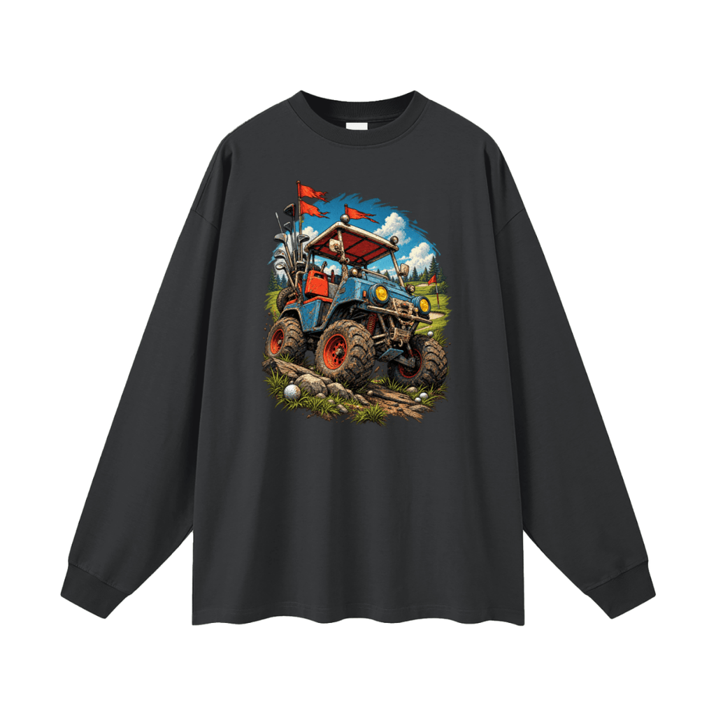 Charcoal gray Battle-Hardened Golf Cart long-sleeve T-shirt, front view with a blue off-road cart, oversized tires and red flags.