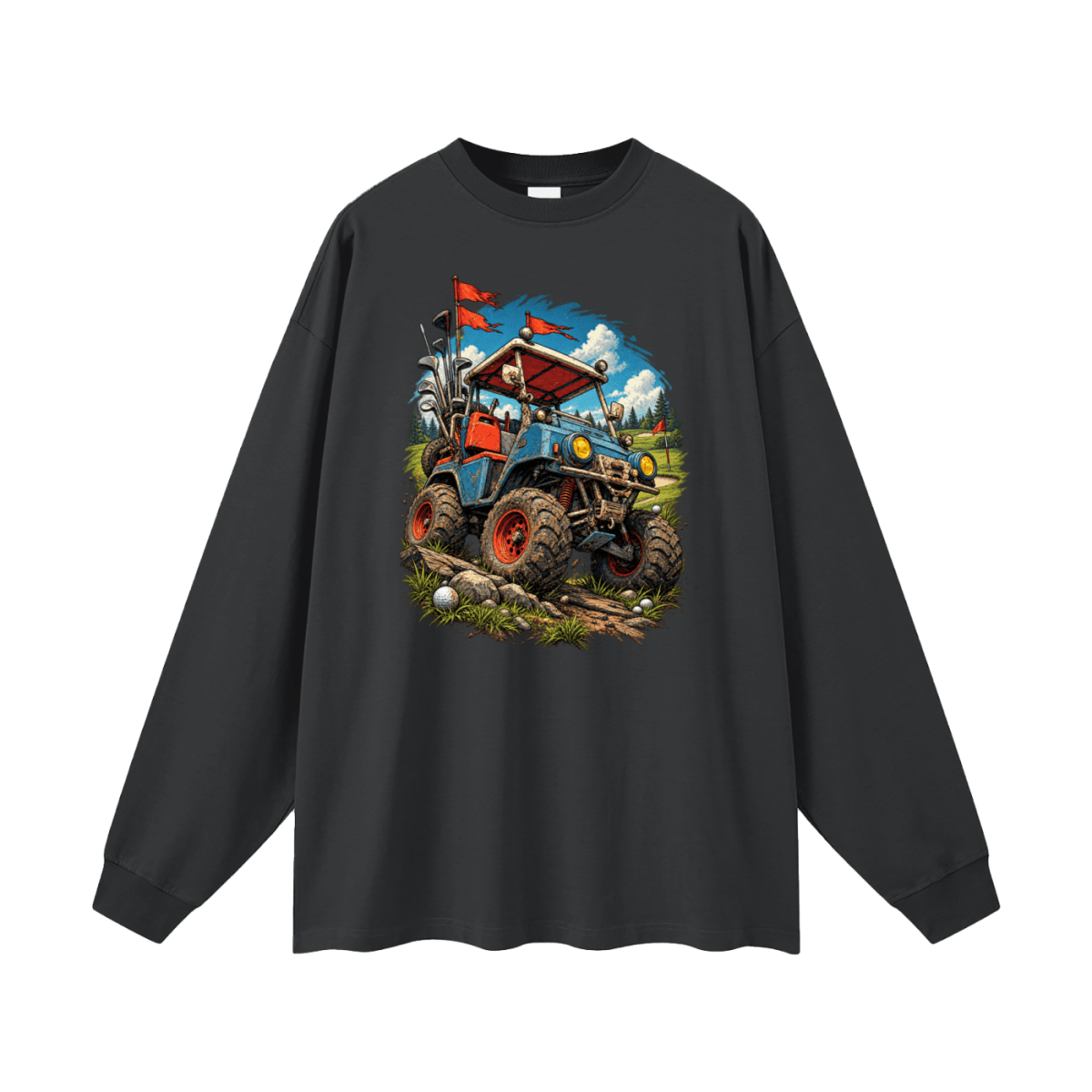 Charcoal gray Battle-Hardened Golf Cart long-sleeve T-shirt, front view with a blue off-road cart, oversized tires and red flags.