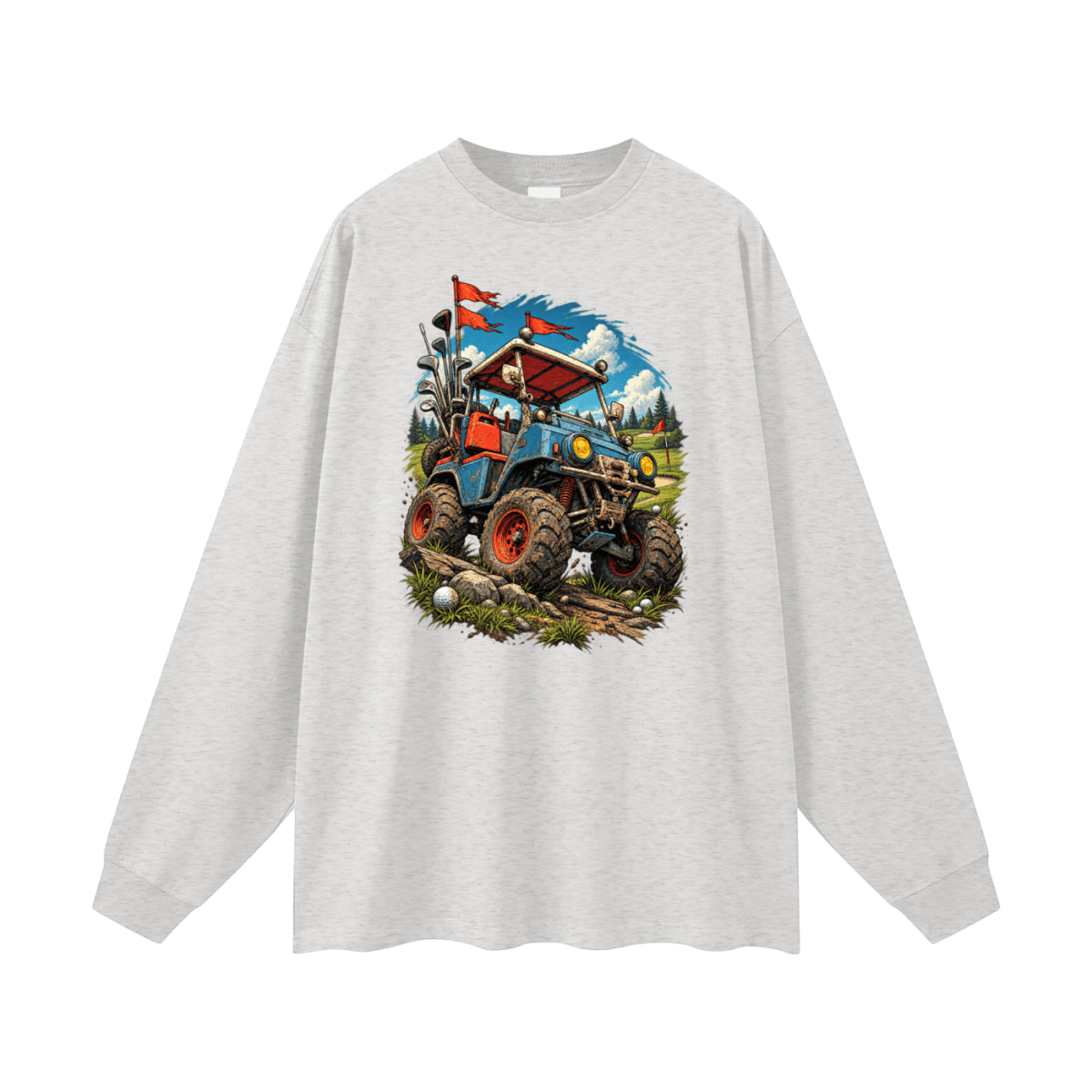 Light gray Battle-Hardened Golf Cart long-sleeve T-shirt, front view with a blue off-road cart, oversized tires and red flags.