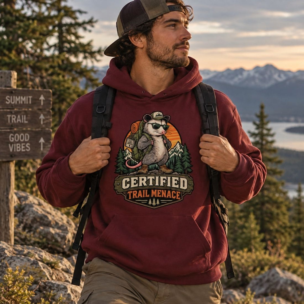 Certified Trail Menace Possum Hiking Essential Heavyweight Hoodie - Shirt Habit