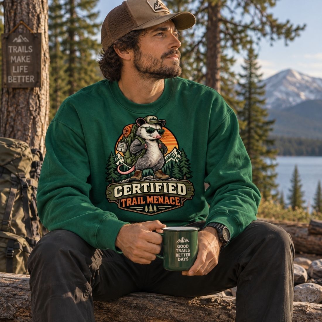 Certified Trail Menace Possum Hiking Loose Crewneck Sweatshirt - Shirt Habit