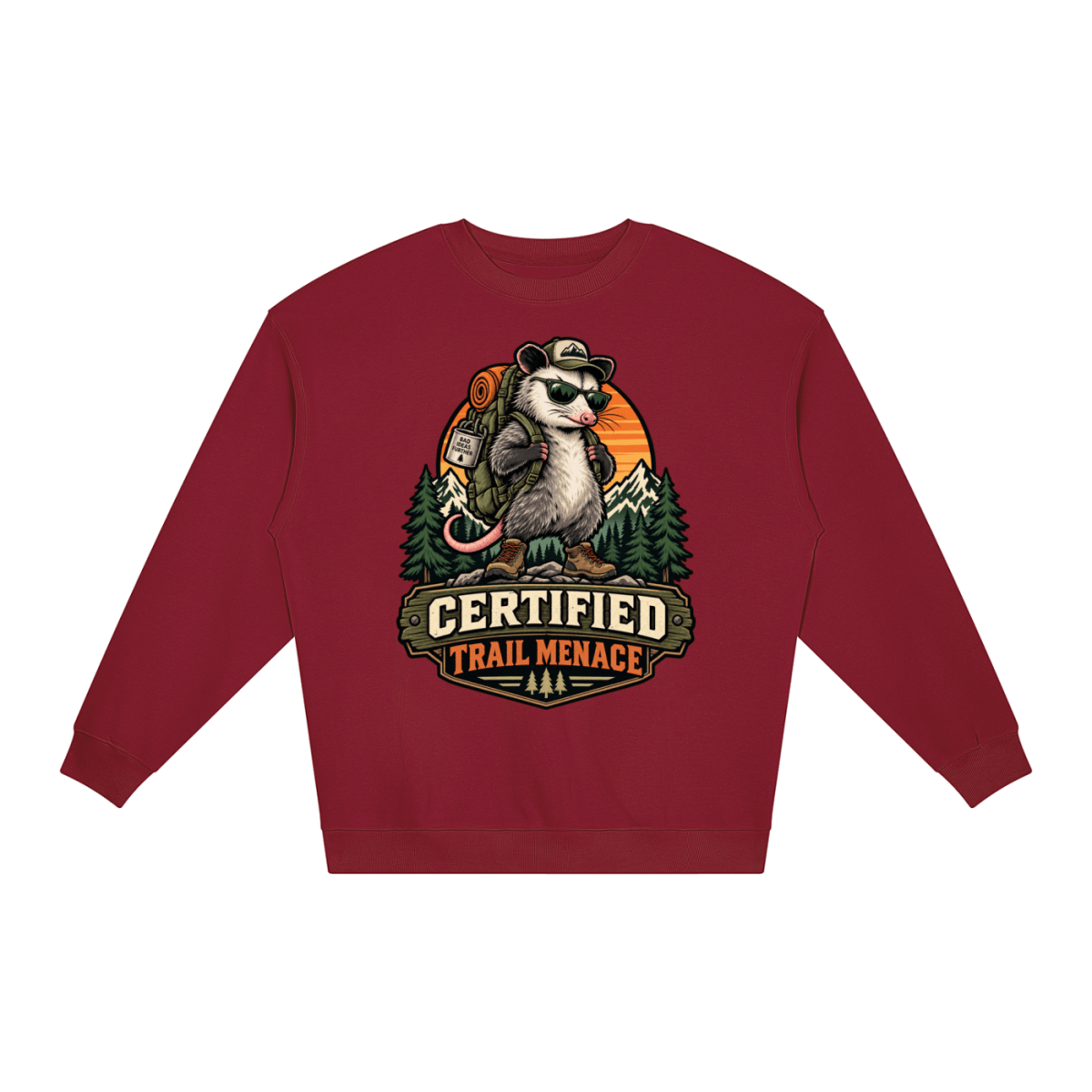Certified Trail Menace Possum Hiking Loose Crewneck Sweatshirt - Shirt Habit