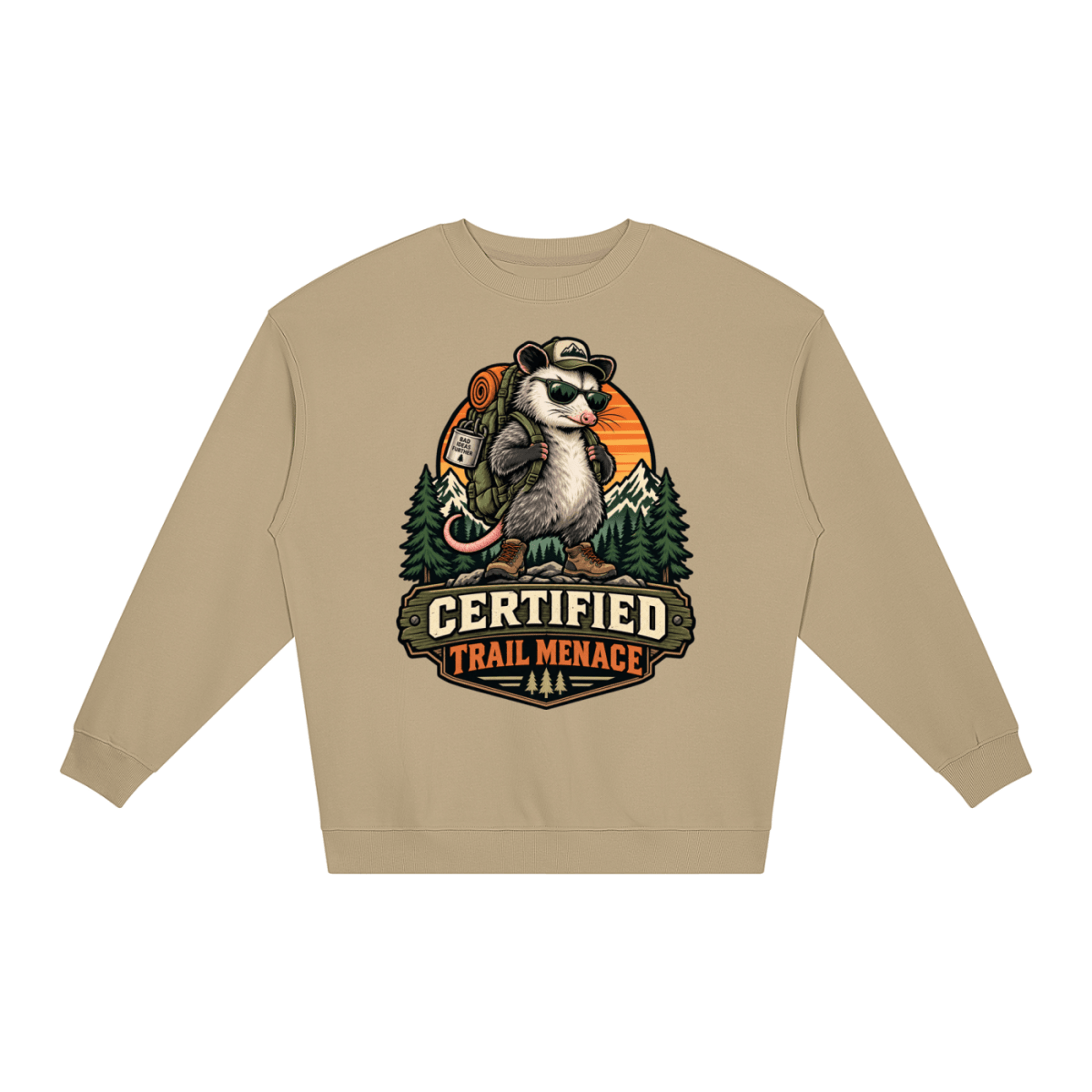 Certified Trail Menace Possum Hiking Loose Crewneck Sweatshirt - Shirt Habit