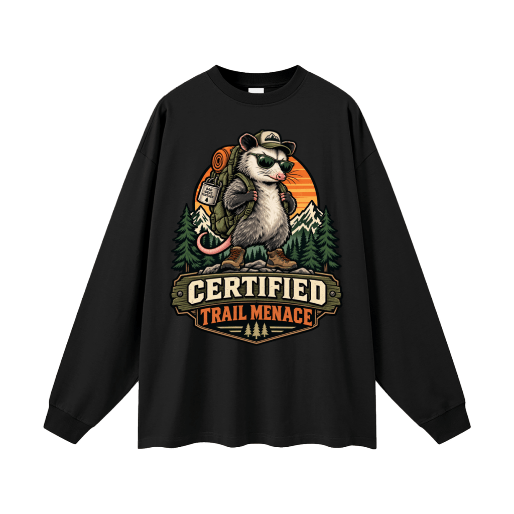Certified Trail Menace Possum Hiking Oversized Unisex Long Sleeve T-Shirt - Shirt Habit