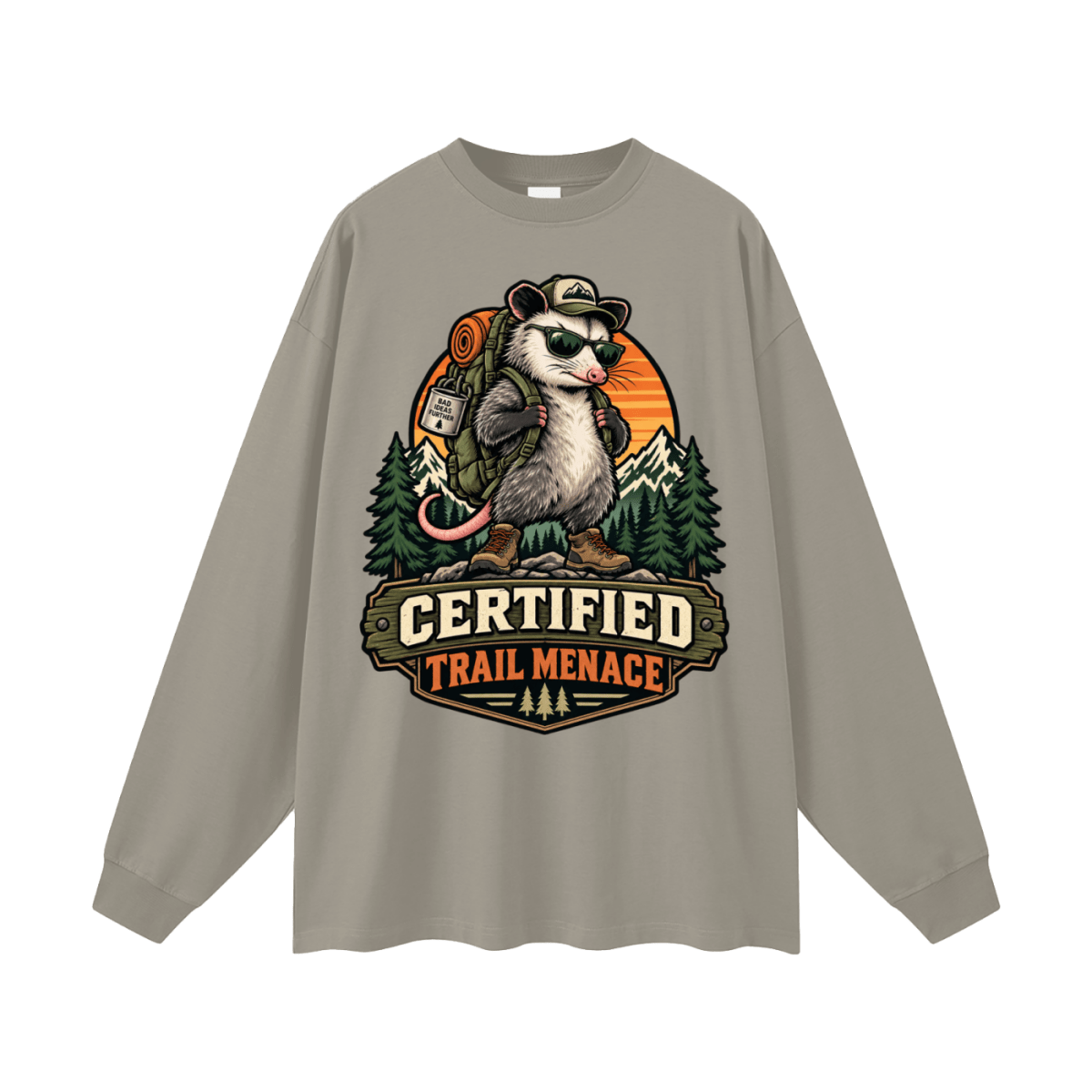 Certified Trail Menace Possum Hiking Oversized Unisex Long Sleeve T-Shirt - Shirt Habit