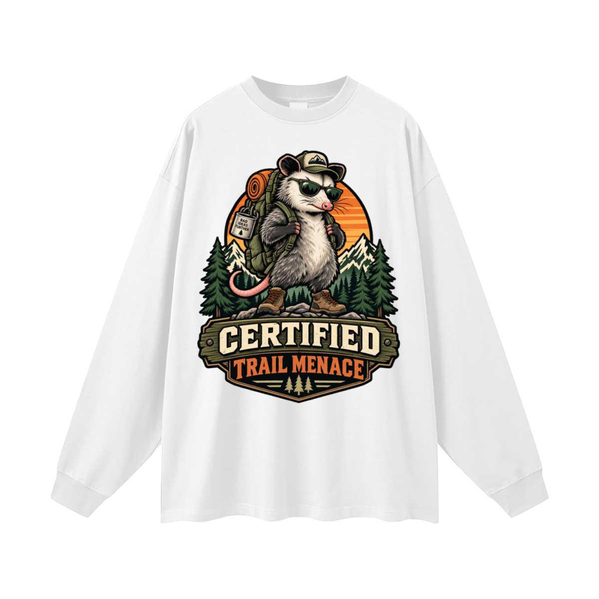 Certified Trail Menace Possum Hiking Oversized Unisex Long Sleeve T-Shirt - Shirt Habit