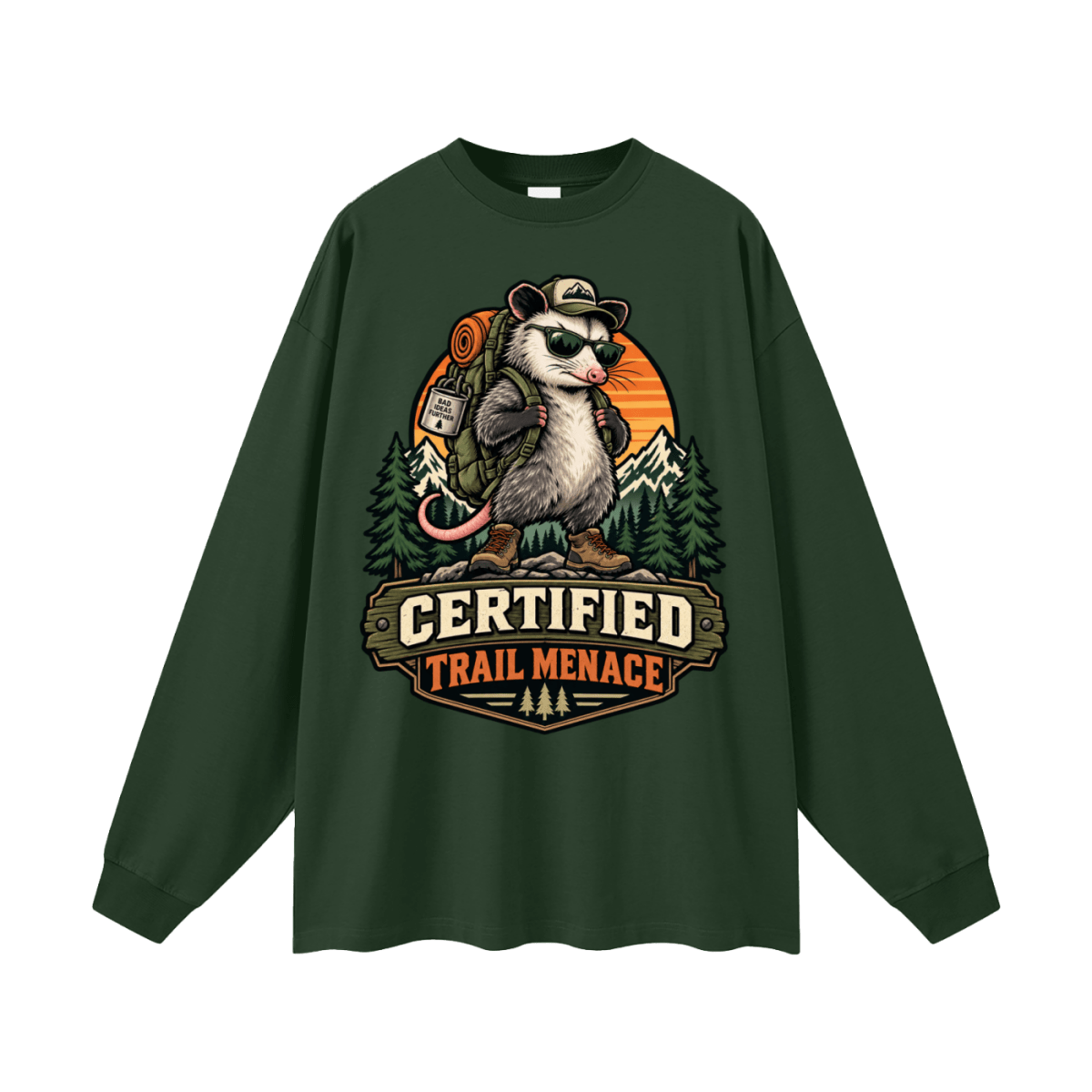 Certified Trail Menace Possum Hiking Oversized Unisex Long Sleeve T-Shirt - Shirt Habit