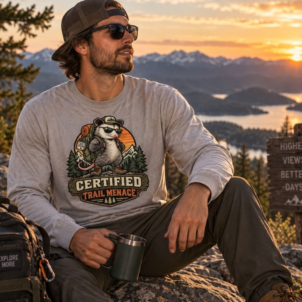 Certified Trail Menace Possum Hiking Oversized Unisex Long Sleeve T-Shirt - Shirt Habit