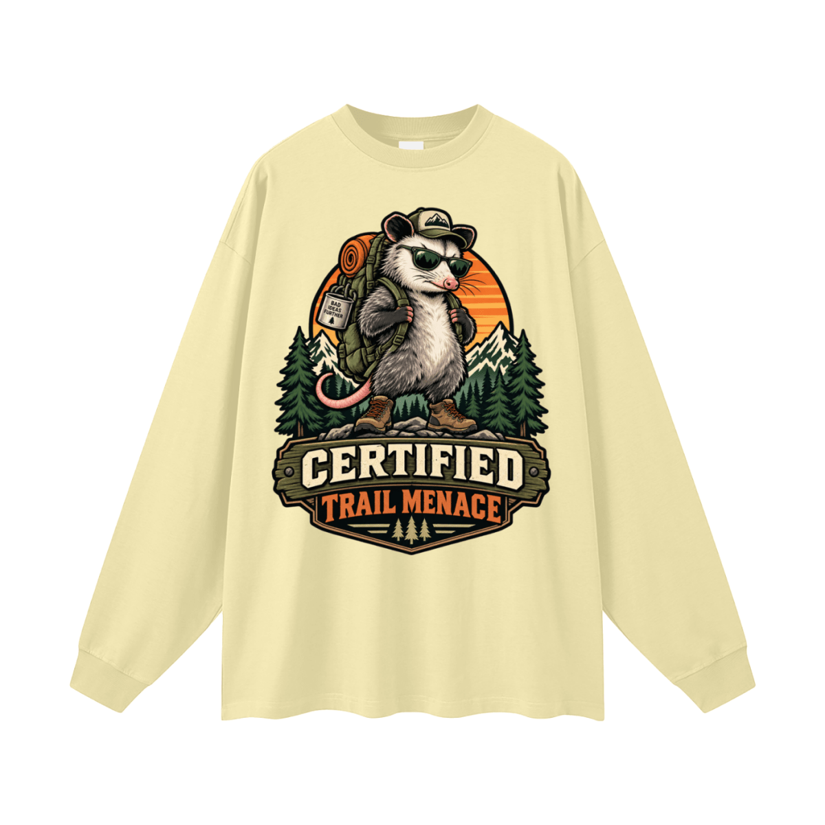 Certified Trail Menace Possum Hiking Oversized Unisex Long Sleeve T-Shirt - Shirt Habit