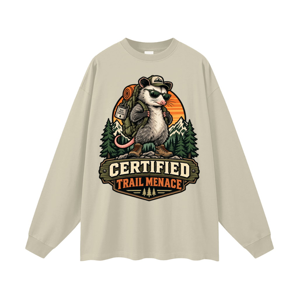 Certified Trail Menace Possum Hiking Oversized Unisex Long Sleeve T-Shirt - Shirt Habit