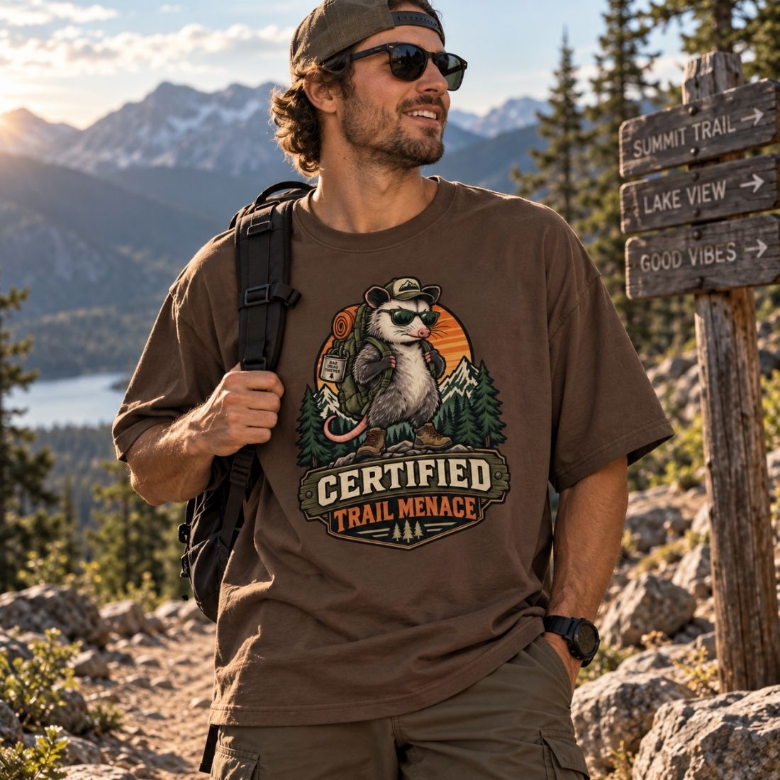 Certified Trail Menace Possum Hiking Streetwear Loose Drop Shoulder T-Shirt - Shirt Habit