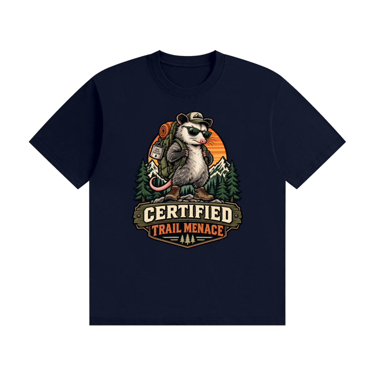 Navy blue cotton T-shirt, front view with a hiking possum with sunglasses and backpack against mountains and an orange sunset.