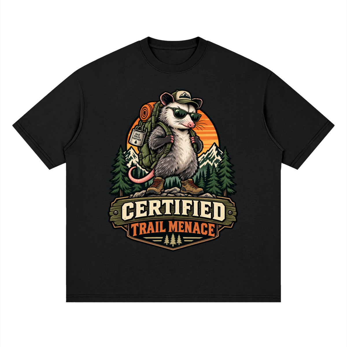 Certified Trail Menace Possum Hiking Streetwear Loose Drop Shoulder T-Shirt