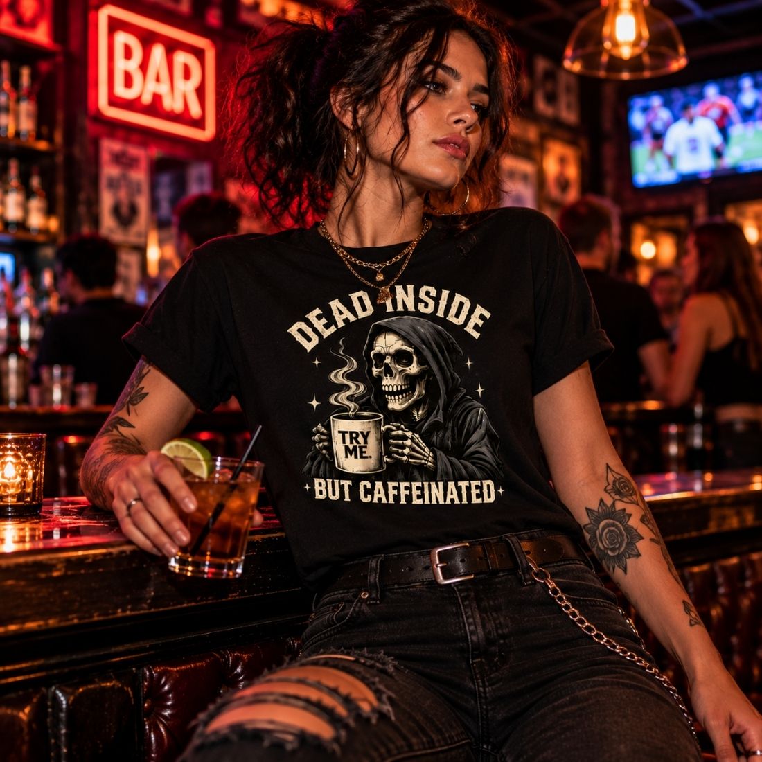 Dead Inside, But Caffeinated Streetwear Loose Drop Shoulder T-Shirt - Shirt Habit