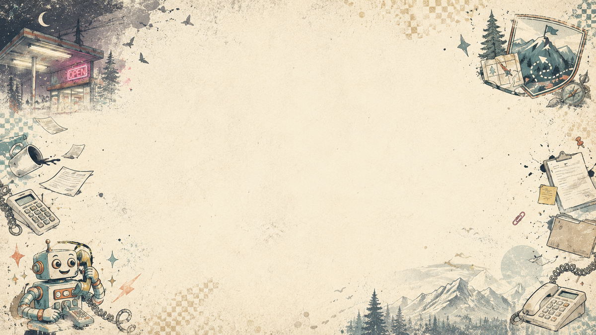 A vintage-style illustrated template with a large blank beige center and decorative border elements in the corners, including a robot, a storefront, a mountain scene, a telephone, papers, and small graphic accents on a distressed cream background.