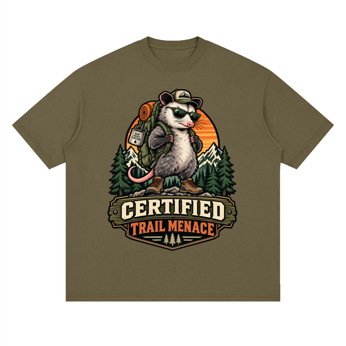 Certified Trail Menace Possum Hiking Streetwear Loose Drop Shoulder T-Shirt