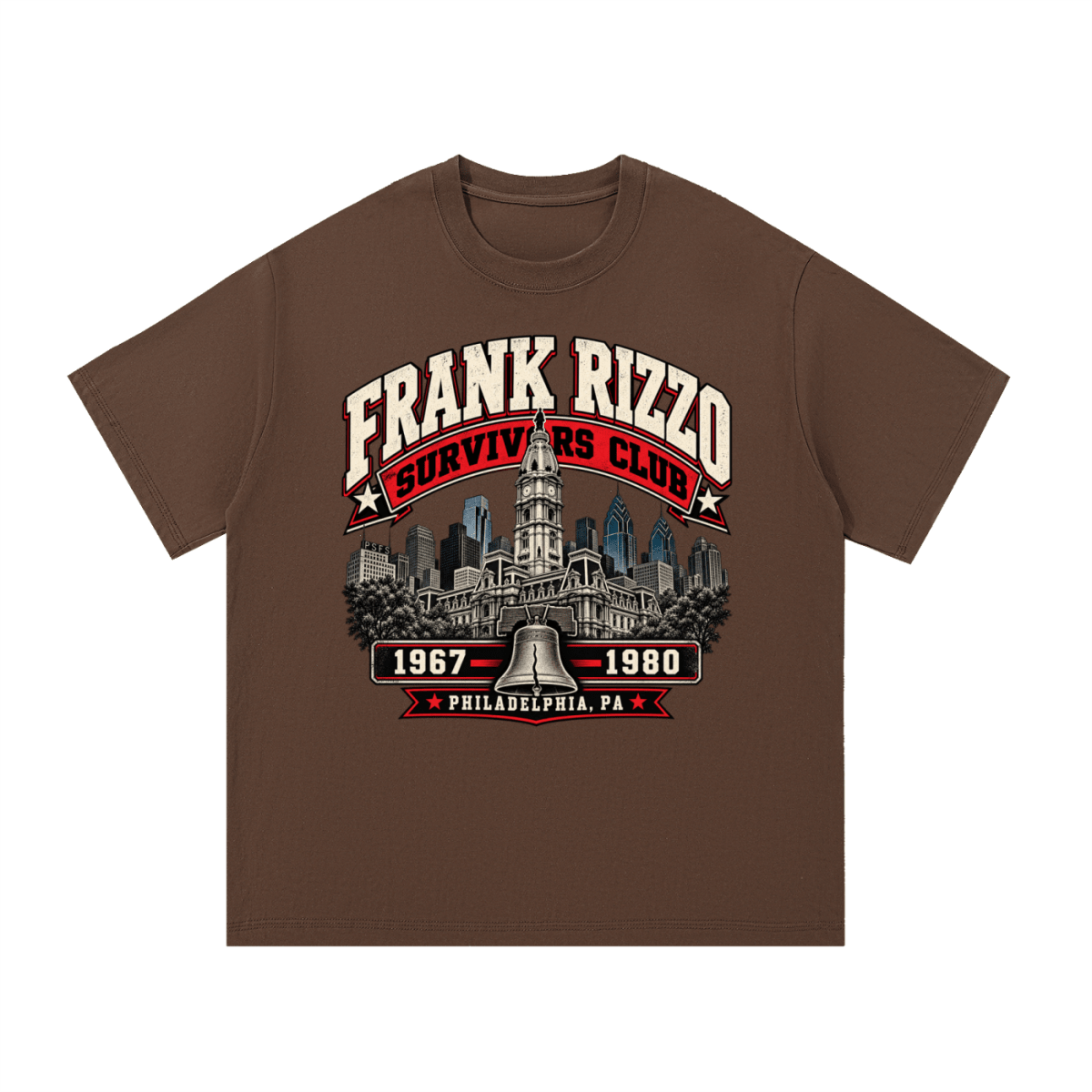 Brown Frank Rizzo Survivors Club T-shirt, front view with a Philadelphia skyline, bell and red and cream Survivors Club lettering.