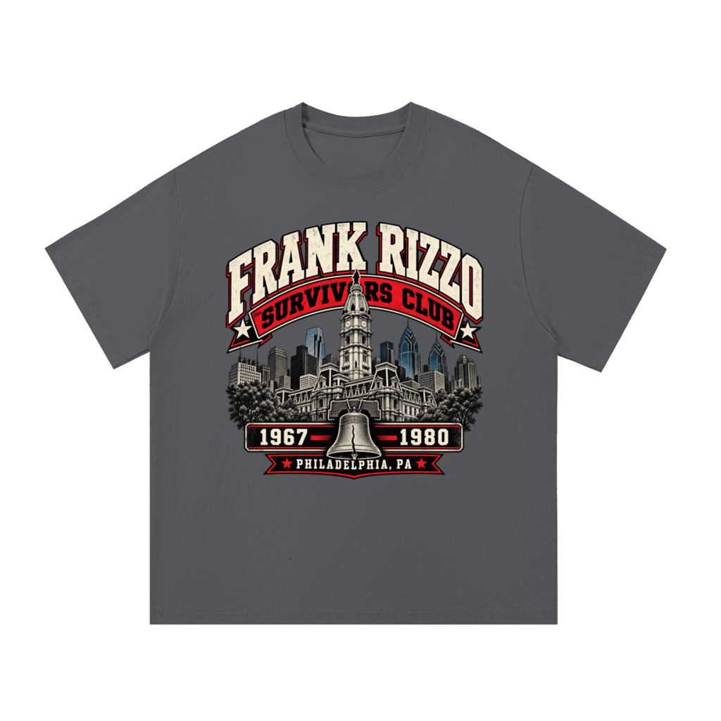 Charcoal gray Frank Rizzo Survivors Club T-shirt, front view with a Philadelphia skyline, bell and red and cream Survivors Club lettering.