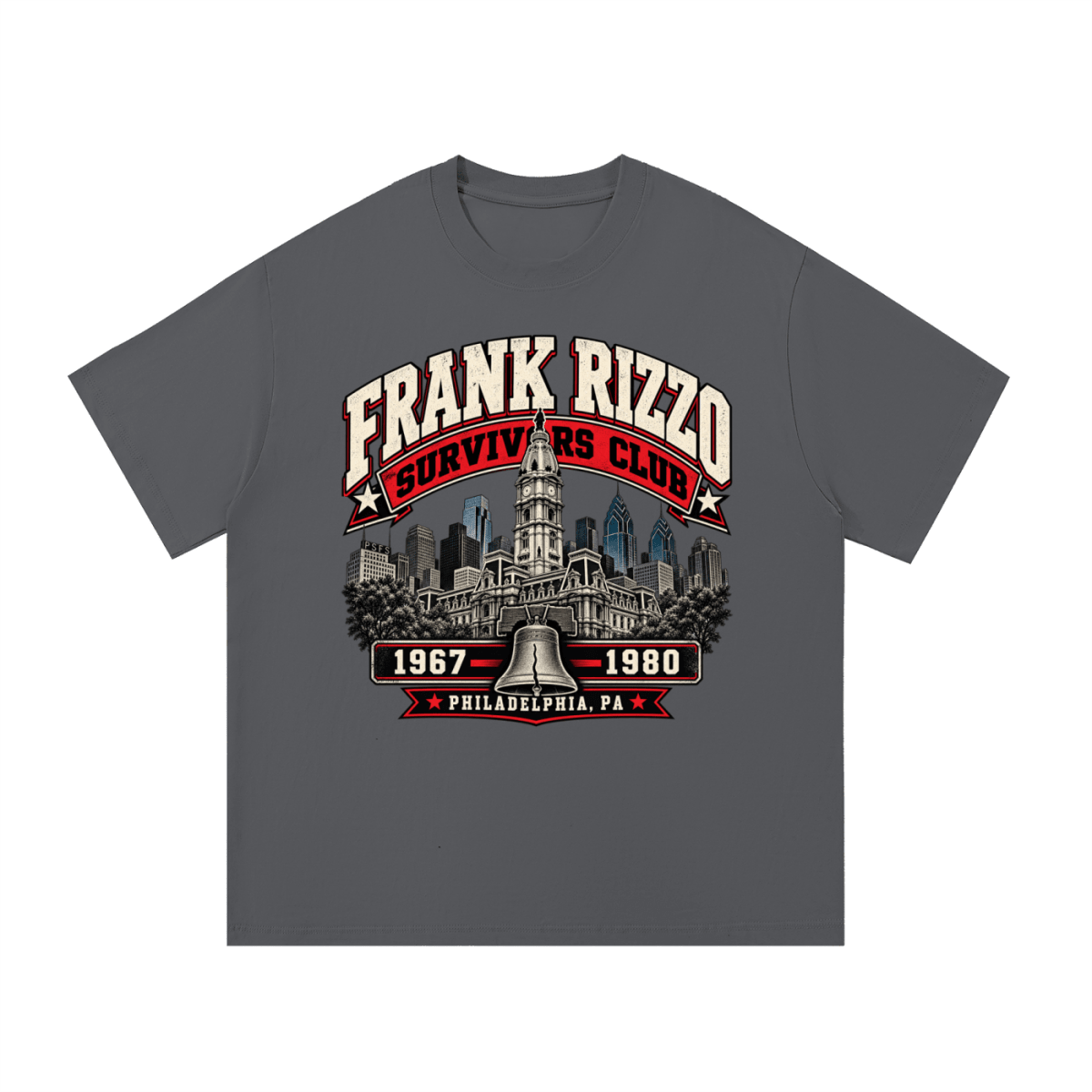 Charcoal gray Frank Rizzo Survivors Club T-shirt, front view with a Philadelphia skyline, bell and red and cream Survivors Club lettering.