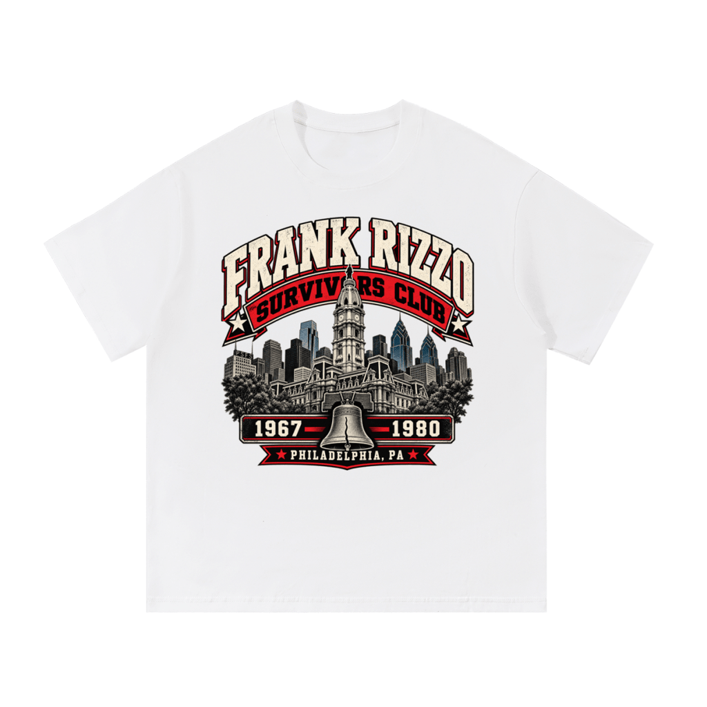 White Frank Rizzo Survivors Club T-shirt, front view with a Philadelphia skyline, bell and red and cream Survivors Club lettering.
