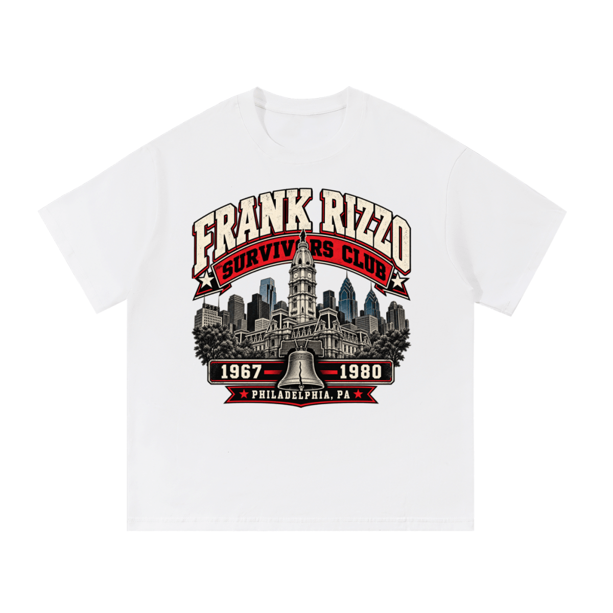 White Frank Rizzo Survivors Club T-shirt, front view with a Philadelphia skyline, bell and red and cream Survivors Club lettering.
